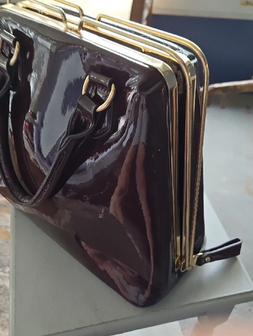 Gloss Quilted Satchel Bag in Dark Brown with Gold Frame